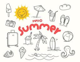 Hello summer doodle vector elements with lettering inscription