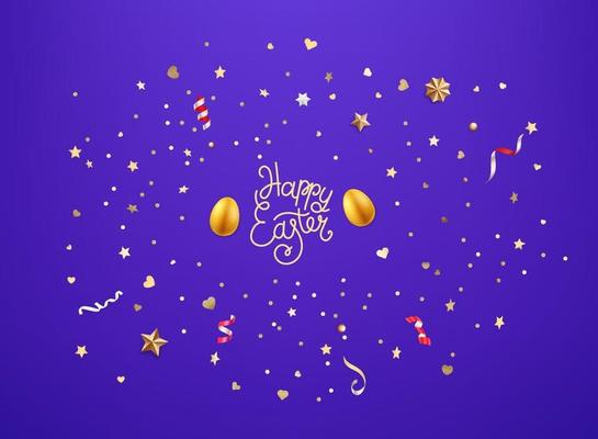 Gold egg and golden confetti and stars Happy Easter