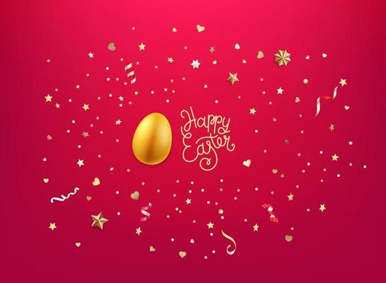 Gold egg and golden confetti and stars. Happy Easter