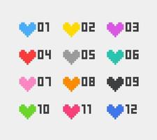 corazones de estilo pixel de color con dígitos. conjunto de balas de vector informático