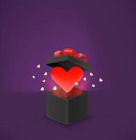 Opened black box with red heart. Gomantic greeting card vector template