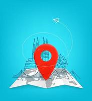 Travel illustration with red pin and paper map vector