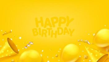 Happy birthday vector banner with ballons, confetti and hats