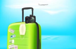 Vacation on pandemic. Concept with color plastic suitcase and protection mask. Vector banner with copy space for a text