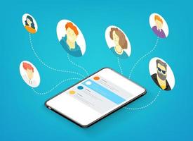 People working together remotely via mobile application. Isometric vector illustration isolated on white background