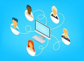 Team working together remotely via internet. Isometric 3d style vector illustration