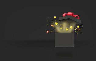 Opened gift box with glow effect. 3d style vector banner with copy space