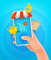 Internet shopping concept. Man holding smartphone and tapping on the screen vector