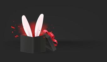 Tarjeta de felices fiestas de pascua con orejas de liebre. sorpresa. Banner de pascua de vector de estilo 3d