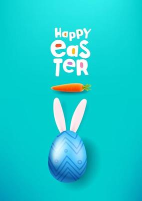Happy Easter greeting card with egg, carrot and hares ears