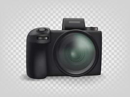 Black modern mirrorless digital camera isolated on transparent background. Front view vector