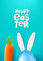 tarjeta de felicitación de pascua feliz con huevo, zanahoria y orejas de liebre y logo vector