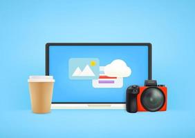 Working place of photographer. Modern computer monitor with camera and coffee vector