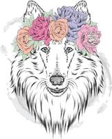 hermoso perro en una corona de flores. hipster. vector