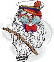 Funny owl hipster with glasses and a captain's cap. vector