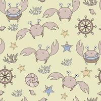 Seamless pattern with marine life. Cute funny crabs and corals, starfishes and seashells on a beige background. vector