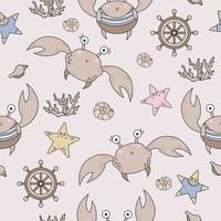 Marine Seamless Pattern. Cute funny crabs with eyes and corals, starfishes and seashells on light background. vector