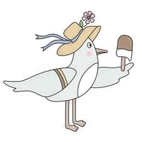 el pájaro es una gaviota hembra. personaje de playa en un sombrero con una flor y helado. vector