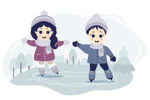 invierno de los niños. niño y niña patinando sobre hielo en una pista de patinaje sobre un fondo azul de un paisaje forestal con árboles y árboles de navidad. vector