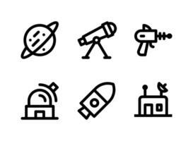 simple conjunto de iconos de líneas vectoriales relacionadas con el espacio. contiene iconos como nave espacial, planeta, refugio, observatorio espacial y más. vector