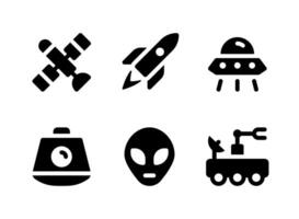 simple conjunto de iconos sólidos vectoriales relacionados con el espacio. contiene iconos como satélite, cápsula, alienígena, rover y más. vector