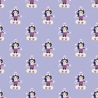 Seamless patterns. A cute little girl goes snowboarding on a blue background with snowflakes. vector