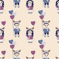 Seamless pattern. A boy with balloons and a girl with a handbag and with deer antlers on their heads in winter clothes on a light background. vector