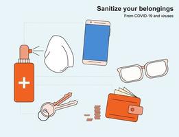 Instructions for the disinfection of personal items against viruses and Covid-19. Phone, keys, money, a wallet and glasses. vector