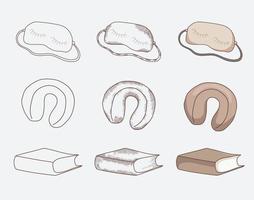 Items for travel and sleep on the road, blindfold, pillow and book. Different design options, contour, shading, vintage, contour and color. vector