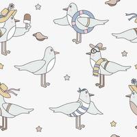 Seamless pattern with seabirds. Cute funny seagulls in beachwear on a light background. vector