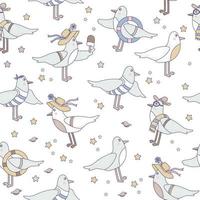 Seamless patterns with seabirds. Cute funny seagulls in beachwear on a white background with seashells and starfish. vector