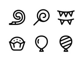 simple conjunto de iconos de línea de vector relacionados con cumpleaños. contiene íconos como banderines, magdalenas, globos, piruletas y más.