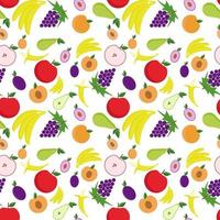 Seamless background with fruits. Vector illustration with pear, apple, peach, grapes, bananas, apricots.
