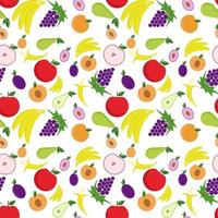 Seamless background with fruits. Vector illustration with pear, apple, peach, grapes, bananas, apricots.