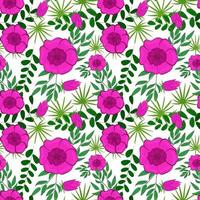 Background from leaves and flowers. Vector illustration with pink flowers and green leaves on a white background.