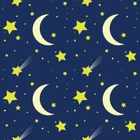 Night sky seamless pattern. Stars and month on a blue background. Pattern for wallpaper, wrapping paper, textile, fabric, clothing, background. vector