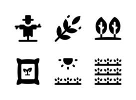 simple conjunto de iconos sólidos vectoriales relacionados con la agricultura. contiene iconos como espantapájaros, saco, campos soleados, cosecha y más. vector