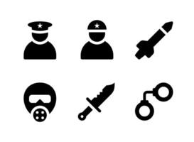 simple conjunto de iconos sólidos vectoriales relacionados con militares. contiene iconos como soldado, máscara de gas, cuchillo, esposas y más. vector