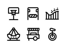 simple conjunto de iconos de línea de vector relacionados con el patio de recreo. contiene íconos como baloncesto, parque de atracciones, montaña rusa, barco giratorio y más.