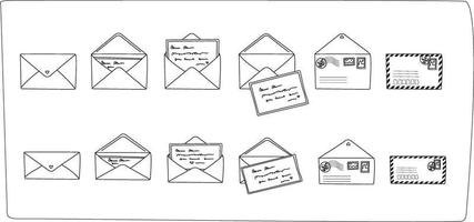 Outline post card and envelope set. Modern hand-drawn postal cards and envelopes with post stamps. Black and white. Vector illustrations for web and print.