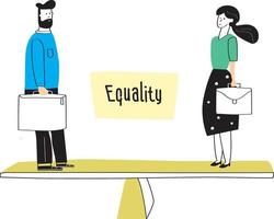 Man and woman standing on balance scale. Concept of gender equality at work or in business, equal rights for both sexes. Colorful vector illustration in flat cartoon style.