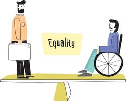 Man and disabled man standing on balance scale. Concept of gender equality at work or in business, equal rights for both sexes. vector