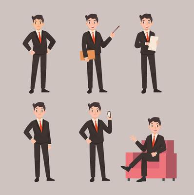 business man character pose flat illustration set
