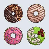 Set of different delicious donuts with pink icing, chocolate, pistachio and cream vector