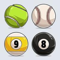 Sport balls collection, Baseball ball, Tennis Ball, Billiard 8 ball and 9 ball vector