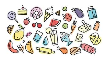 Colorful food icons with in trendy style. For web and print. Fruits, vegetables, diary, meat, fish, seafoods and sweets