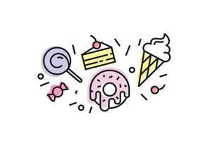 Set of colorful sweets icons isolated. Trendy linear style, ice cream, donut, lollypop, cake, candy. vector