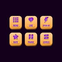 set of square wooden buttons with jelly icons for game ui asset elements vector illustration