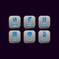 set of square stone buttons with jelly icons for game ui asset elements vector illustration