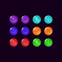 set of colorful jelly game ui button with check marks for gui asset elements vector illustration